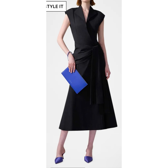 New Runway Carolina Herrera Black Cap Sleeve Hop Sash Midi Wrap Dress Size 14 - Picture 3 of 6